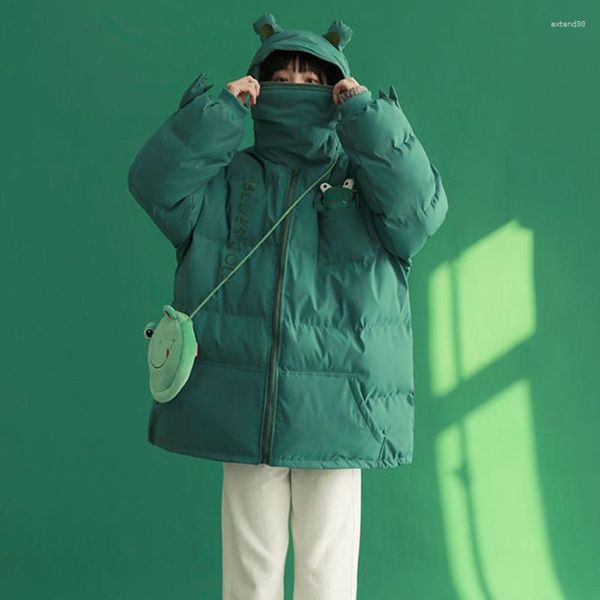 Trench da donna Divertente rana verde imbottito vestiti inverno cartone animato simpatico peluche caldo piumino con cappuccio Parka giapponese Kawaii Crop Top