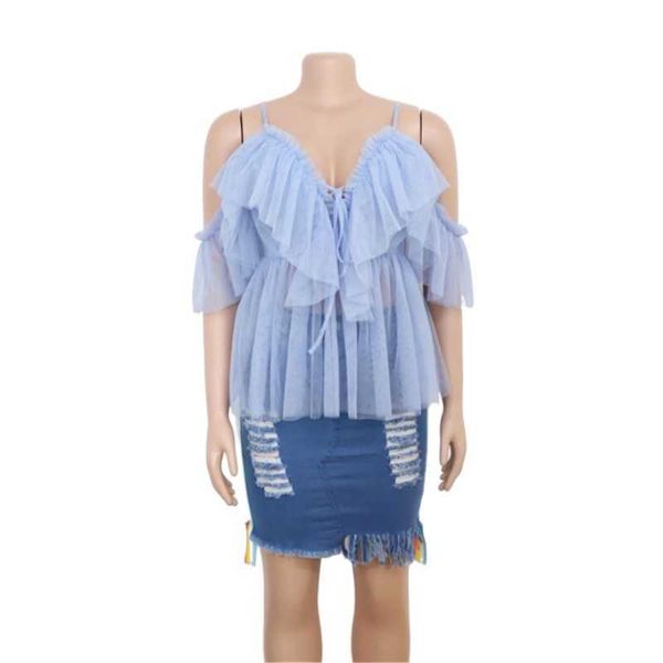 Maglietta firmata Camicie vintage da donna con volant Camicetta estiva Top con spalle scoperte Top peplo sexy Camicetta femminile senza schienale in rete femminile Blusas