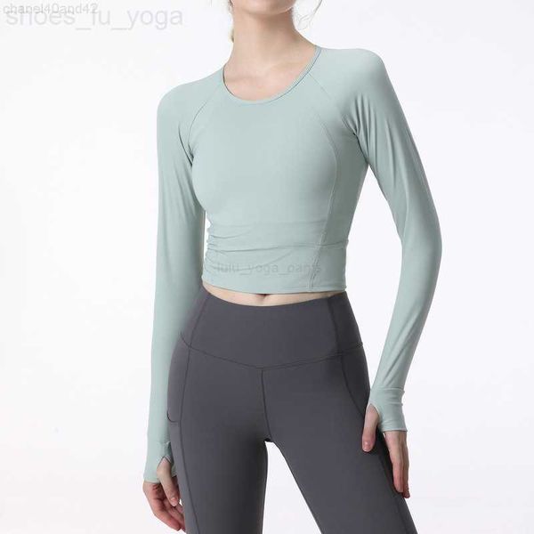 LU yoga Donna Yoga Manica lunga Sport Crop Top Outfit Assorbimento dell'umidità Alta elasticità Fitness Allenamento Moda T-shirt Top CK710 Abbigliamento sportivo