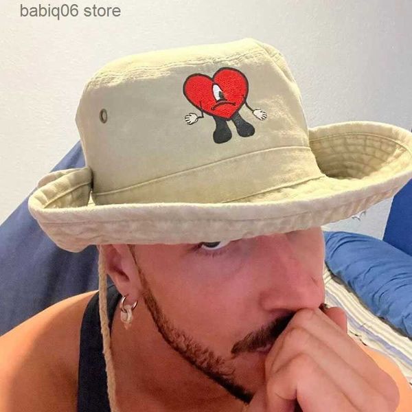 Chapéus de aba larga Bucket Chapéus Bad Bunny Bordado À Prova D 'Água Bucket Chapéus Homens Mulheres Verão Protetor Solar Respirável Dobrável Chapéu De Sol Esportes Pescador Cap T230727