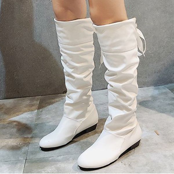 Botas Zapatos para mujer Primavera Rodilla Alto Rojo Negro Blanco Mujer alta Plisado Tacón bajo Casual Cuero Mujer Largo 230831