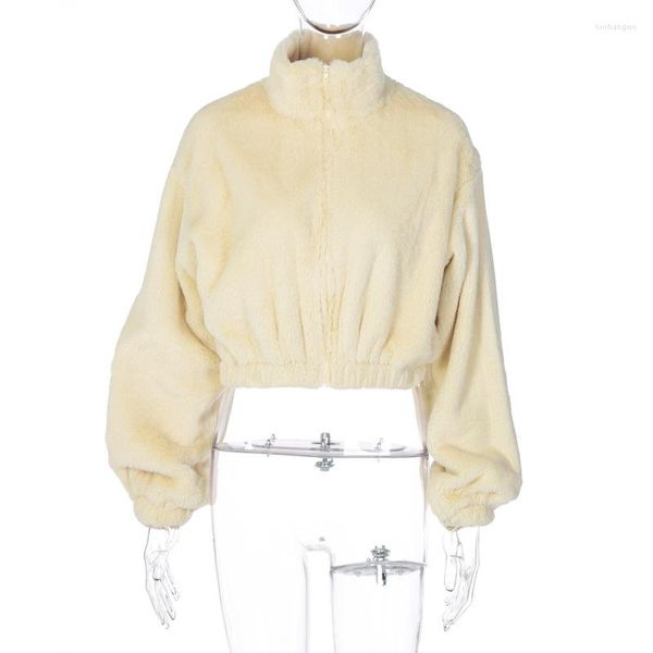 Jackets femininos inverno quente cor branca cor de pelúcia com zíper 2023 Autumn Loose Fashion Casual Casual Slave Stand Stand Collar Casal