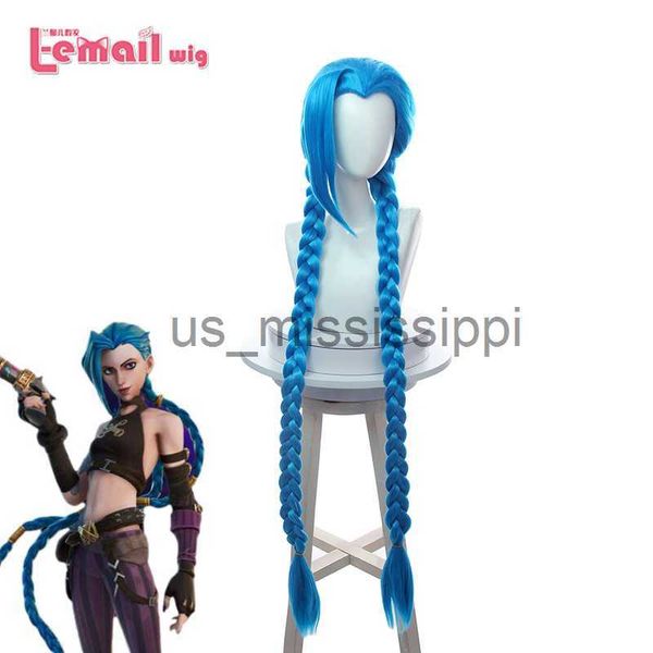 Perucas Cosplay Lemail Peruca Cabelo Sintético Jogo LOL Jinx Cosplay Peruca 130cm Longo Cor Azul Reta Resistente ao Calor Mulheres Cosplay Perucas X0901