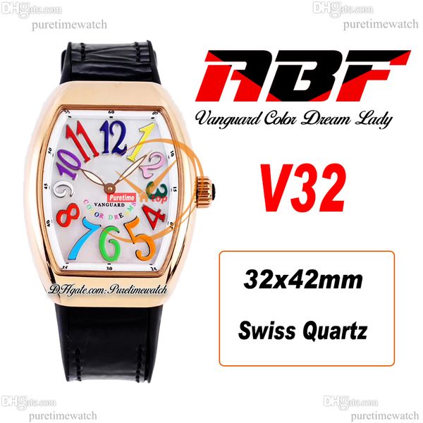 ABF V32 Vanguard Color Dream Cronografo svizzero al quarzo da donna Orologio da donna in oro rosa MOP quadrante grande numero in pelle nera Lady Super Edition Reloj Hombre Puretime C3