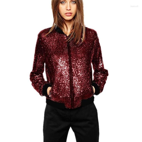 Giacche da donna Streetwear Giacca da baseball con paillettes Raser in metallo nero 2023 Primavera Donna Colletto alla coreana Manica lunga Zip e cappotti