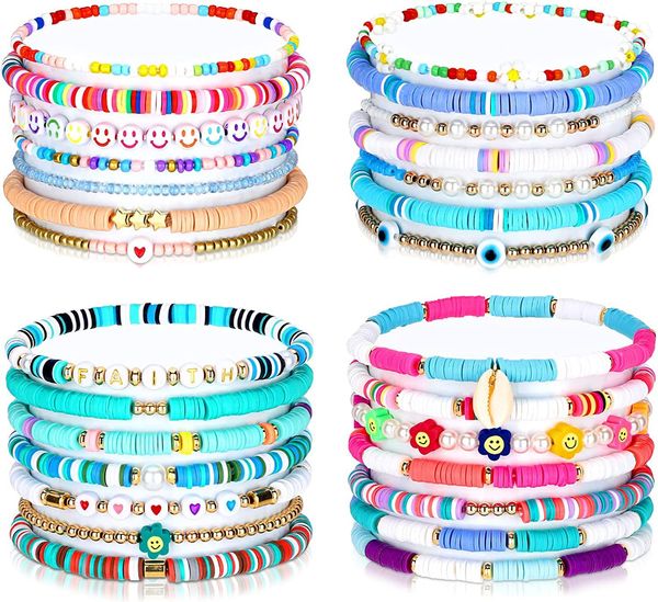 Frisado pérola colorido argila fruta rosto sorridente frisado pulseiras conjunto de pulseira elástica cerâmica macia