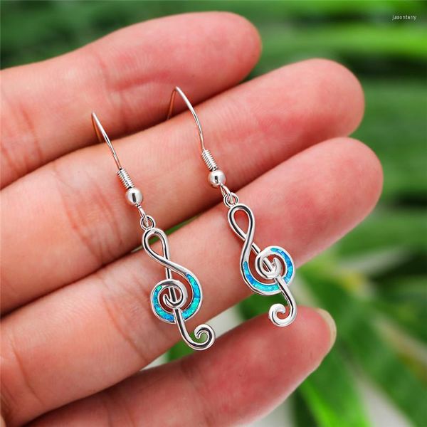 Brincos pendurados clássico oco música nota bonito feminino branco azul opala gota boho prata cor casamento para mulher