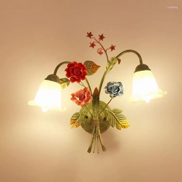Lâmpada de parede retro 2 cabeças de vidro fosco abajur ferro luz para sala estar el flor e27 led arandela luminárias interiores