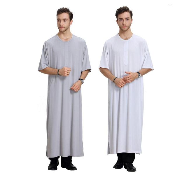 Ethnische Kleidung Islam Galabia Arabisch Abaya für Männer Musselin Thobe Kameez Kaftan Einfache lange Herren Taschenhemd Muslim Robe O-Ausschnitt