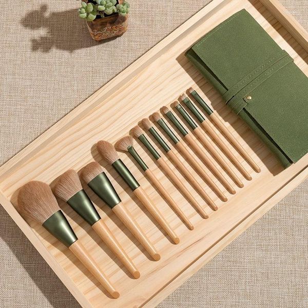 Make-up-Pinsel, 10-teilig, grünes Pinsel-Set, Gesicht, Auge, gewellter Textmarker, Puder, Lidschatten, Rouge, Schönheitswerkzeug, Massivholzgriff, Beruf