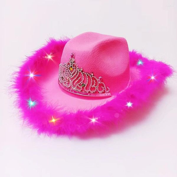 Berets 2023 adulto led bling estilo ocidental tiara cowgirl chapéu para mulheres menina rosa cowboy boné feriado engraçado traje mágico