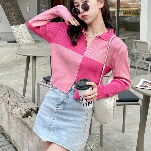 Frauen Strick Süße Mädchen Rosa Pullover Mujer Koreanische 2023 Herbst Schachbrett Kontrast Gestrickte Zipper Strickjacke Beiläufige Kurze Schlanke