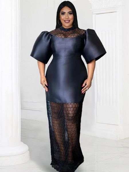 Plus Size Kleider Schwarz Mantel Für Frauen Rollkragen Kurze Puffärmel Spitze Patchwork Cocktail Geburtstag Hochzeit Abendkleider 4XL