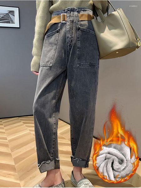 Damen Jeans Plüsch Vintage verdicken Vaqueros Trend Winter samt gefüttert warm hohe Taille Harem Baggy knöchellange Denim-Hosen Frauen