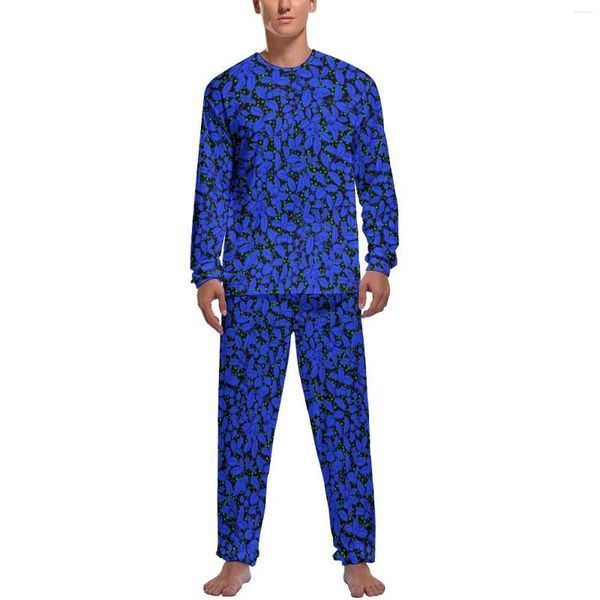 Pigiama da uomo pigiama vegetale blu stampa foglie da uomo elegante set primaverile a maniche lunghe 2 pezzi set grafico per dormire