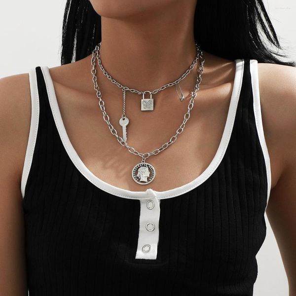 Anhänger Halsketten Punk Miami Cuban Hip Hop Pin Key Lock Halskette Retro Einfache Aussage Porträt Tag Ästhetische Accessoires Frauen Großhandel