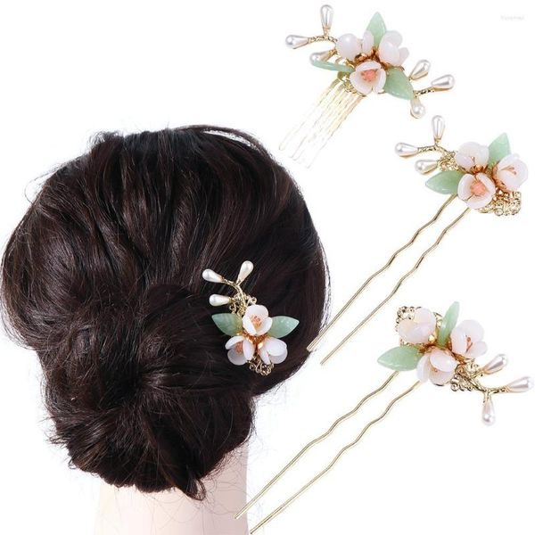 Acessórios de cabelo Ferramenta U Forma Hairpin Pérola Flor Hanfu Sticks Set Antigo Headwear Estilo Chinês