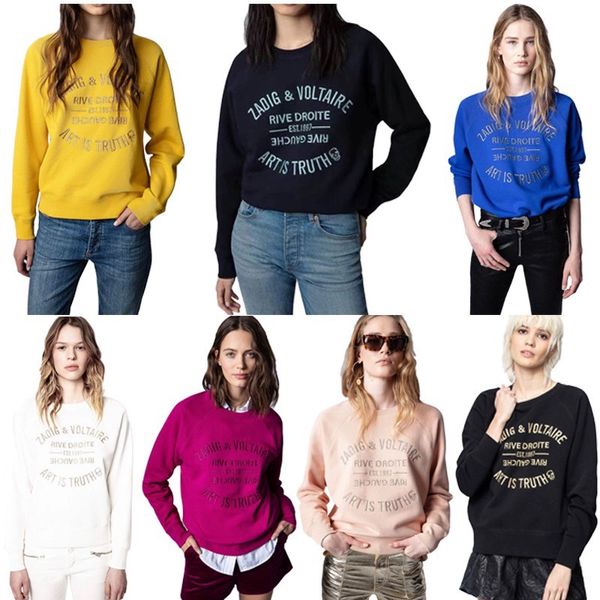 23ss Zadig Voltaire Top Mulheres Designer Moletom Moda Hoodies Clássico Impresso Rosa De Pelúcia Algodão Casual Suéter Com Capuz