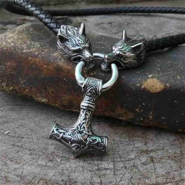 Pingente colares nórdico viking mjolnir martelo pingente lobo cabeça de couro corda cadeia para homens viking punk amuleto colar jóias t230907