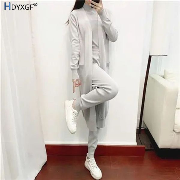 Calças femininas de duas peças elegante casual tricô 3 peças conjuntos sexy longo cardigan casaco meia gola alta colete calças de malha sleep terno tracksuit outfits 230831