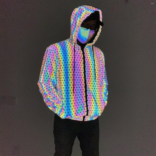 Männer Jacken 2023 Geometrische Muster Bunte Reflektierende Jacke Herren Gestrickte Stoff Nacht Reflektieren Licht Hip Hop Mit Kapuze Mantel Jaqueta