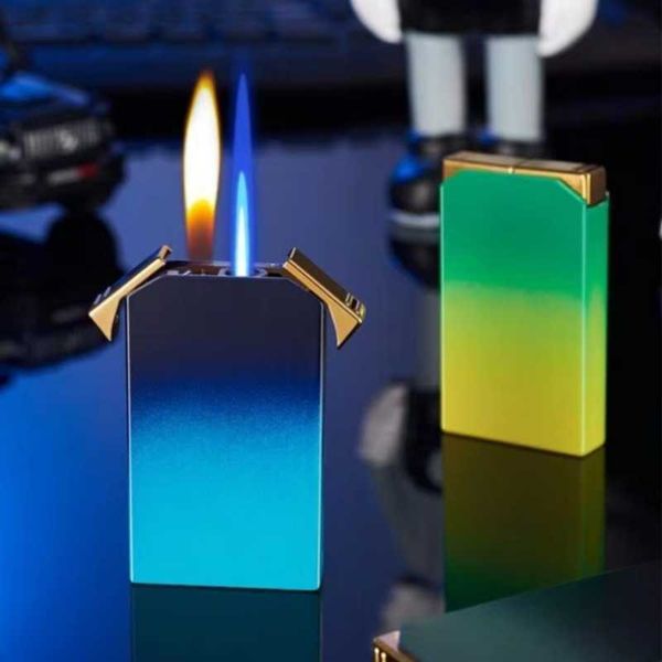 Ultima moda creativa in metallo sfumatura di colore doppia fiamma butano senza accendino a gas senza commutazione accensione accendino EXD8