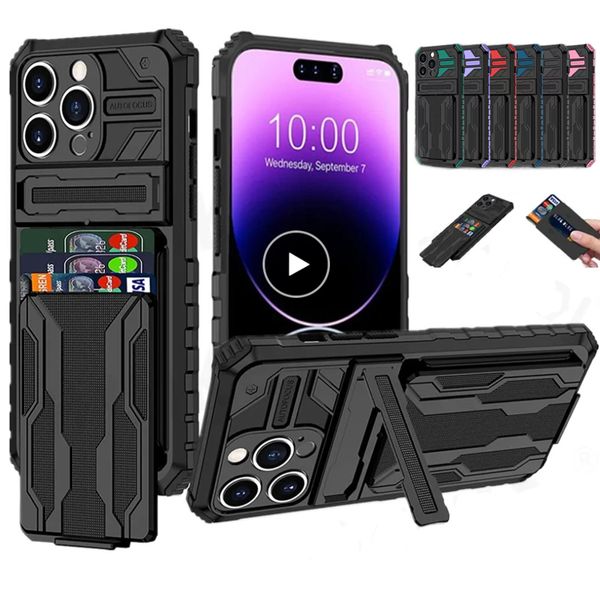 Capa de slot para cartão deslizante resistente de nível militar armadura capa de suporte à prova de choque para iPhone 15 14 13 12 11 Pro MAX XR XS Max 8 7 Plus Samsung S20 FE S21 S22 S23 Ultra