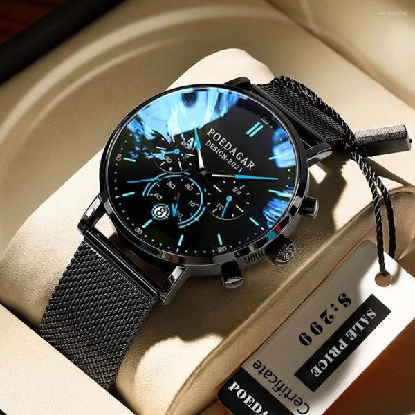 Relógios de pulso Poedagar Mens Relógios Top Chronograph Quartz Watch para Homens Aço Inoxidável Malha Strap Sports Waterproof WristWatch