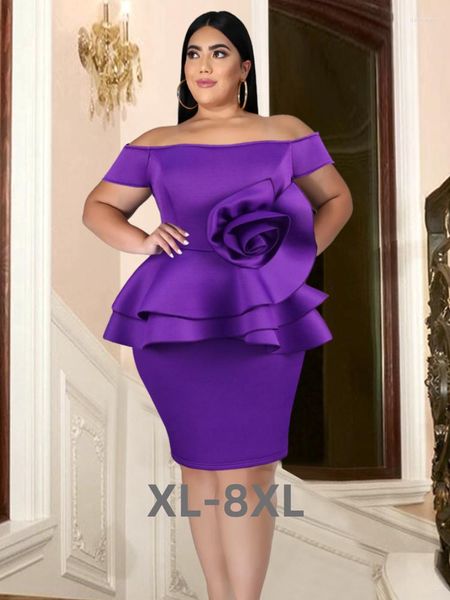 Vestidos plus size roxo vestido de noite para mulheres fora do ombro cintura alta guarnição babados cocktail evento peplum joelho 3xl 4xl 5xl 6xl