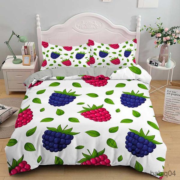 Bettwäsche-Sets Blaubeer-Himbeer-Druck-Bettwäsche-Set Obst-Design Bettbezug mit Fall Twin Single Double Full Bed Sets R230901