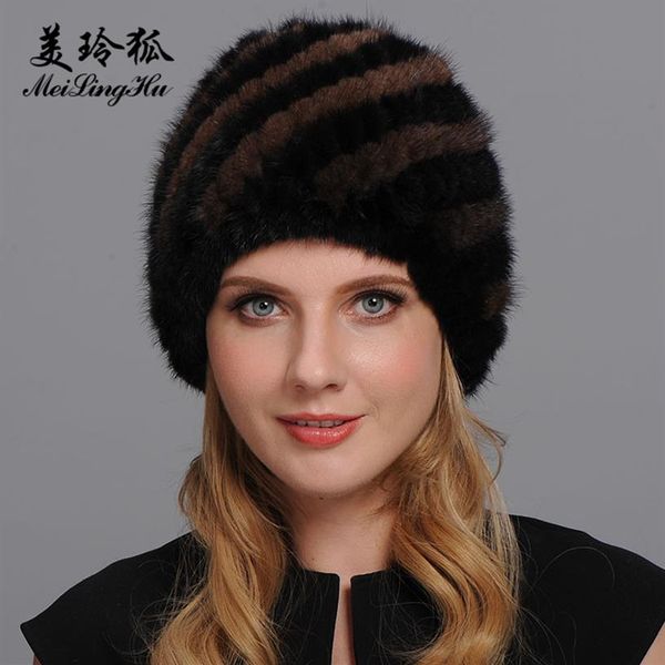 Beanie Skull Caps Naturale Vera Pelliccia Cap Cappelli Invernali da Donna 2021 Lavorato a Maglia Delle Donne Cappello Ananas Femminile Caldo Genuino171w