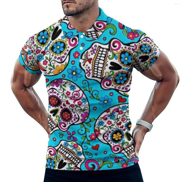 Herren-Poloshirts mit Zuckerschädel-Aufdruck, lässige T-Shirts, Blumen-Schädel-Poloshirts, Herren-Trendhemd, Date, kurze Ärmel, grafische Kleidung, große Größe