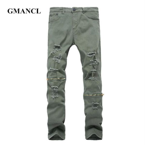 Jeans con cerniera al ginocchio da uomo skinny strappati verde grigio nero nuovi pantaloni in denim elastico distrutto da uomo streetwear hiphop plus size 422898