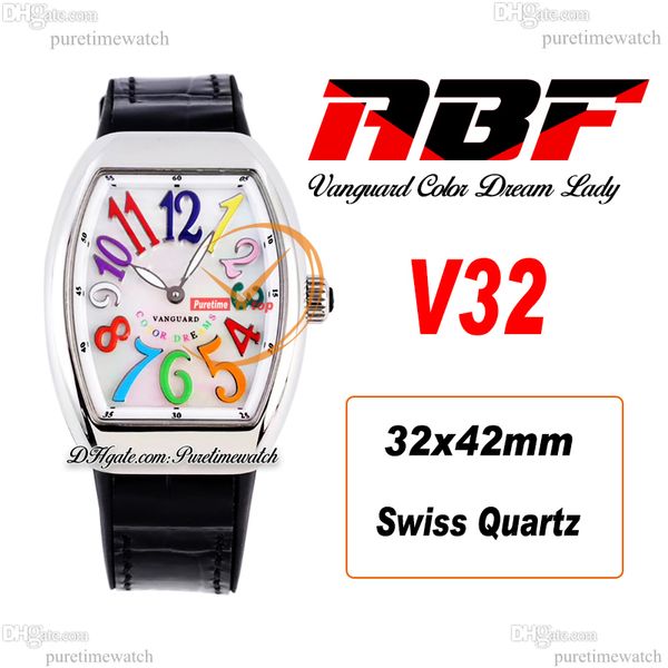 ABF V32 Vanguard Color Dream Cronografo svizzero al quarzo Orologio da donna Orologio da donna MOP Quadrante Grandi indici in pelle nera Lady Super Edition Reloj Hombre Puretime B2