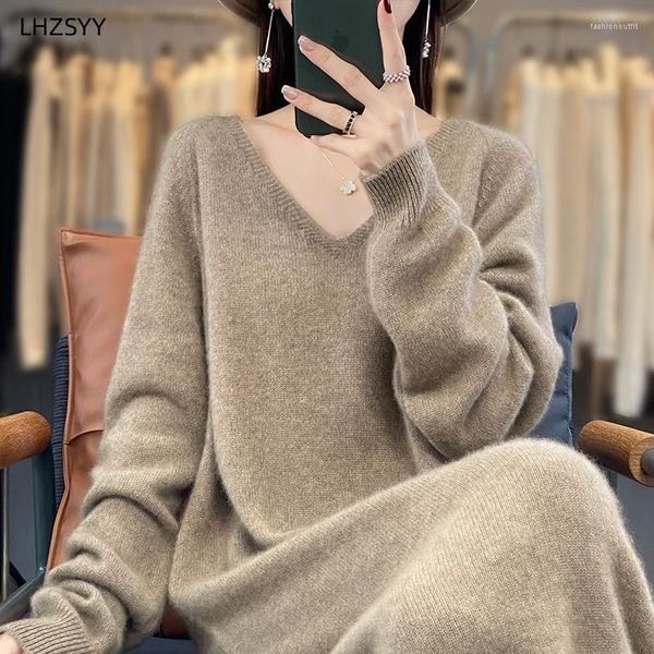 Vestidos casuais lhzsyy vestido de lã pura mulheres v-pescoço de comprimento médio solto grande tamanho suéter de manga comprida quente jumper malha saia longa