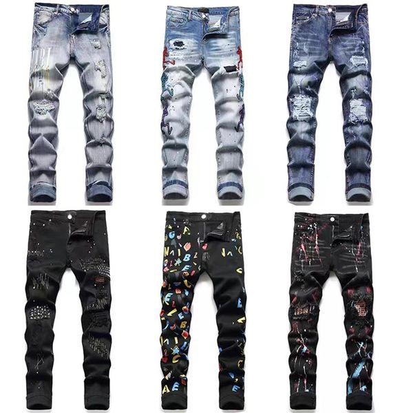 2022 Herren Jeans Ripped Skinny Stretch Biker Denim Slim Fit Hip Hop Hosen Herrenhosen Asien Größe 29-38 Hohe Qualität312W