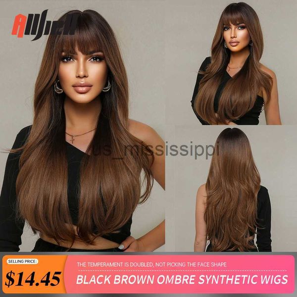 Cosplay perucas preto marrom ombre perucas sintéticas com franja longo natural ondulado peruca uso diário resistente ao calor perucas de cabelo cosplay para mulheres x0901