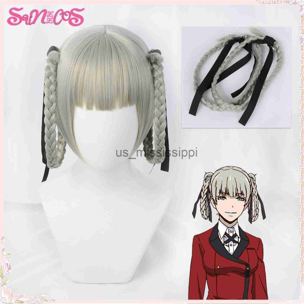 Cosplay-Perücken, Anime Kakegurui Kirari Momobami, 35 cm, kurze Perücken, hitzebeständig, synthetische graue Zöpfe, zum Anklippen, mit kostenloser Perückenkappe x0901