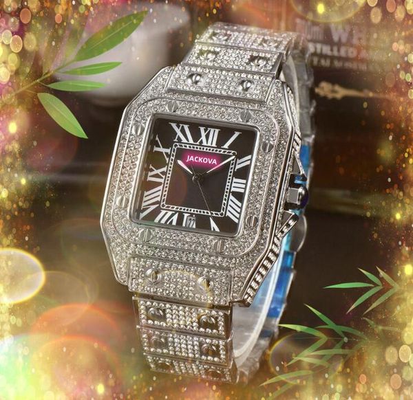 Quadrado romano tanque mostrador masculino feminino relógio ICE-Out Bling amantes de aço inoxidável Janpan movimento de quartzo cheio de diamantes anel caso pulseira popular relógios Montre de Luxe