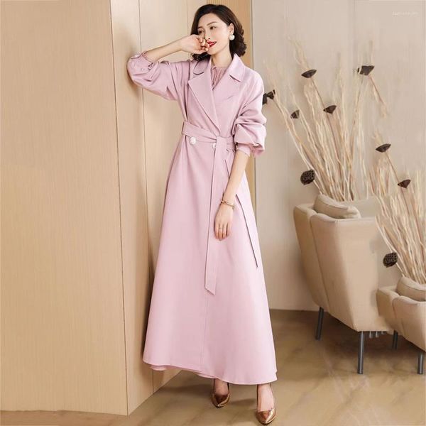 Mulheres Trench Coats Mulheres Doce Casaco Longo Outono Moda Terno Collar Lanterna Manga Solta Overlength Elegante Cinto Rosa Sobretudo