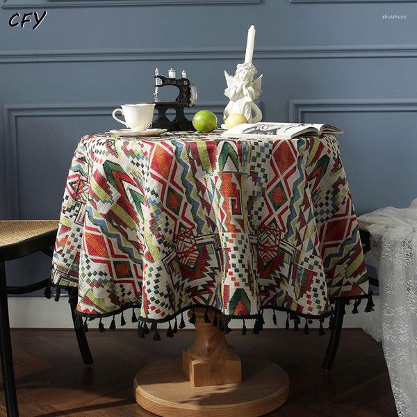 Toalha de mesa boho algodão linho tricô com borlas pretas toalha de mesa redonda capa de café tapete de piquenique