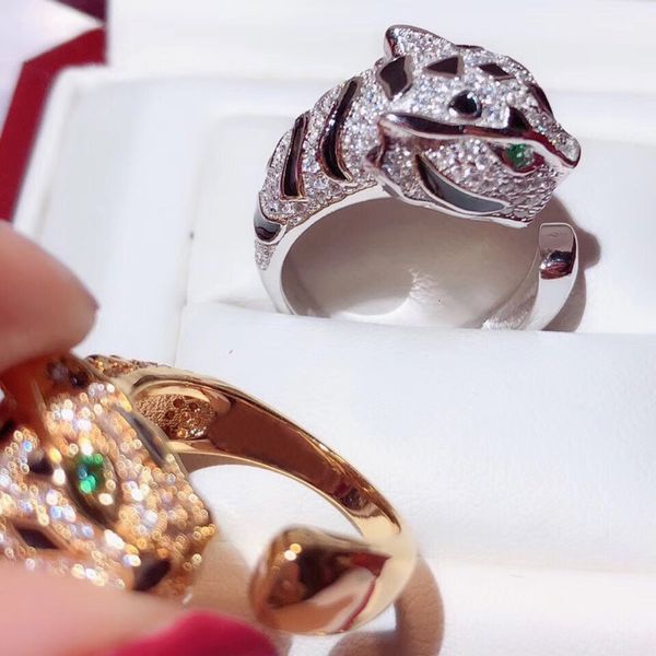 Eheringe Schwarzer Fleck Leopardenkopf gepflastert 3A Zirkonia Stein Tier Panther Ring Einstellbar für Männer Frauen Kupfer Partyschmuck 230831