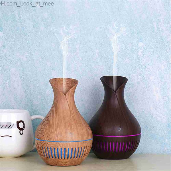 Luftbefeuchter 130 ml neue Vase Luftbefeuchter hohle Holzmaserung Aromatherapie ätherisches Öl Diffusor 7-Farben-LED-Licht geeignet für Büro Q230901