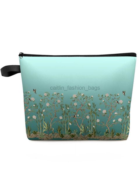 Totes Azul Gradiente Flor Planta Pássaro Saco de Maquiagem Cosmética Portátil Mulheres À Prova D 'Água Banheiro Multifuncional Lavagem de Rosto Caitlin_fashion_ Bags