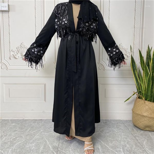 Abbigliamento etnico Abiti di moda musulmana Maglia con paillettes Cuciture Lacci larghi Cardigan a maniche lunghe Abaya per donna Abaya Kimono