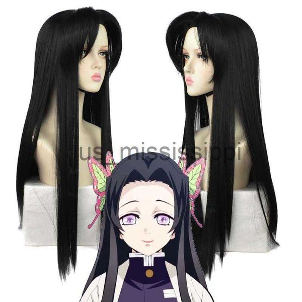 Парики для косплея SHANGZI Game Anime Demon Slayer Косплей парик Предварительно стильный 85 см Длинные черные прямые волосы с галстуком-бабочкой парики Термостойкие синтетические x0901