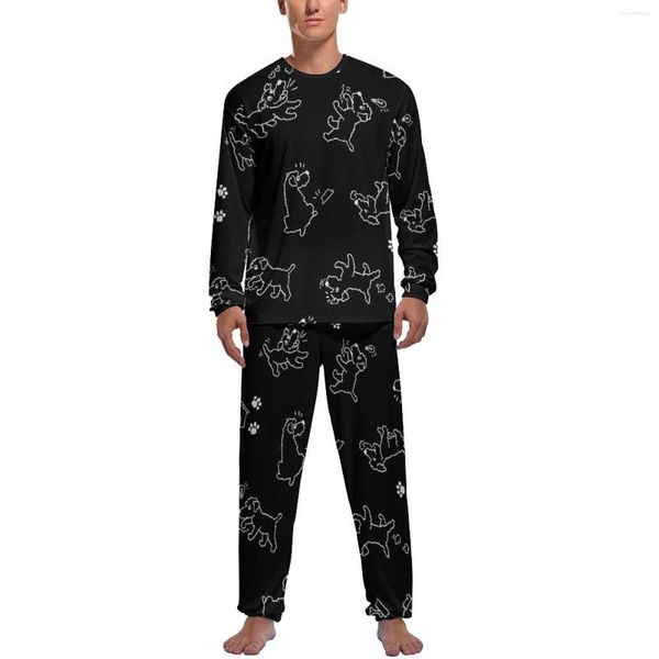 Pijamas masculinos cão amor osso pijama manga longa impressão animal 2 peça noite conjunto outono homem padrão retro nightwear