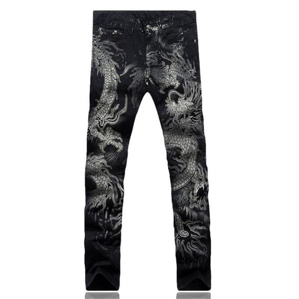 Calças de brim masculinas calças slim fit moda dragão impressão macho colorido desenho pintado denim elástico preto cargo289o