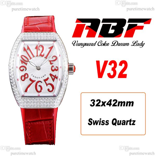 ABF V32 Vanguard Color Dream Cronografo svizzero al quarzo Orologio da donna Cassa con diamanti Cassa MOP Quadrante in pelle rossa Gomma Lady Super Edition Reloj Hombre Puretime P15