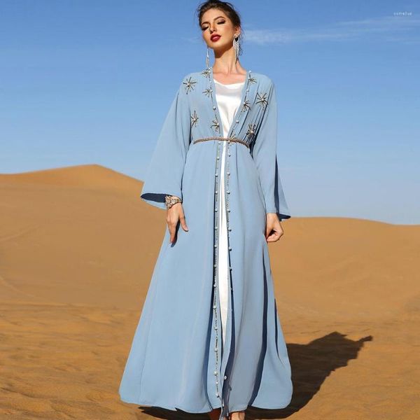 Roupas étnicas Vestido Feminino Muçulmano Cardigan Outerwear Mão Costurada Diamante Dubai Abaya Turco Árabe Bordado Chiffon Festa
